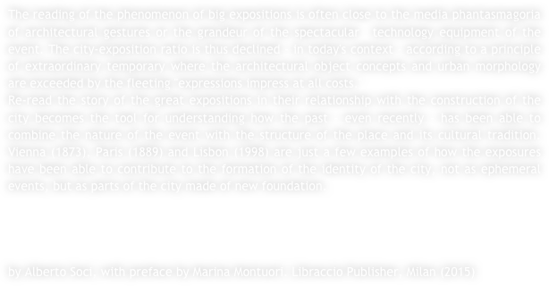 The reading of the phenomenon of big expositions is often close to the media phantasmagoria of architectural gestures or the grandeur of the spectacular  technology equipment of the event. The city-exposition ratio is thus declined - in today's context - according to a principle of extraordinary temporary where the architectural object concepts and urban morphology are exceeded by the fleeting "expressions impress at all costs."Re-read the story of the great expositions in their relationship with the construction of the city becomes the tool for understanding how the past - even recently - has been able to combine the nature of the event with the structure of the place and its cultural tradition. Vienna (1873), Paris (1889) and Lisbon (1998) are just a few examples of how the exposures have been able to contribute to the formation of the identity of the city, not as ephemeral events, but as parts of the city made of new foundation.




by Alberto Soci, with preface by Marina Montuori. Libraccio Publisher, Milan (2015)