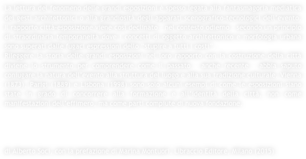 La lettura del fenomeno delle grandi esposizioni è spesso legata alla fantasmagoria mediatica dei gesti architettonici o alla grandiosità degli apparati scenografico-tecnologici dell’evento. Il rapporto città-esposizione viene così declinato – nel contesto odierno – secondo un principio di straordinaria temporaneità dove i concetti di oggetto architettonico e morfologia urbana sono superati dalle fugaci espressioni dello “stupire a tutti i costi”.
Rileggere la storia delle grandi esposizioni nel loro rapporto con la costruzione della città diviene lo strumento per comprendere come il passato – anche recente – abbia saputo coniugare la natura dell’evento alla struttura del luogo e alla sua tradizione culturale. Vienna (1873), Parigi (1889) e Lisbona (1998) sono solo alcuni esempi di come le esposizioni siano state in grado di concorrere alla formazione e all’identità della città, non come manifestazioni dell’effimero, ma come parti compiute di nuova fondazione. 




di Alberto Soci, con la prefazione di Marina Montuori. Libraccio Editore, Milano (2015)